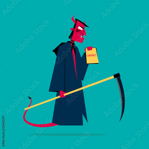 Devil with a scythe in his hands showing contract