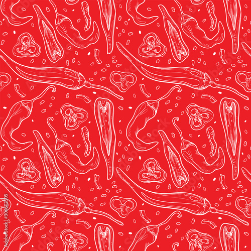 Vector illustrated red paprika chili pepper vegetable linear drawing pattern set