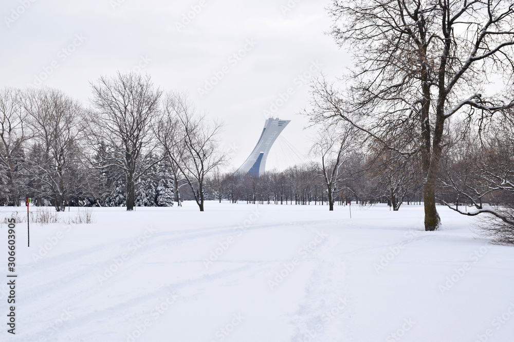 Montreal, Canada - February 14, 2019: Olympic Stadium during a blisteringly cold day in Quebec