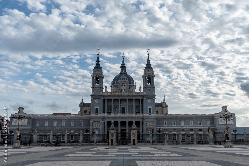Beautiful facade of the Almudena Cathedral in Madrid, Spain