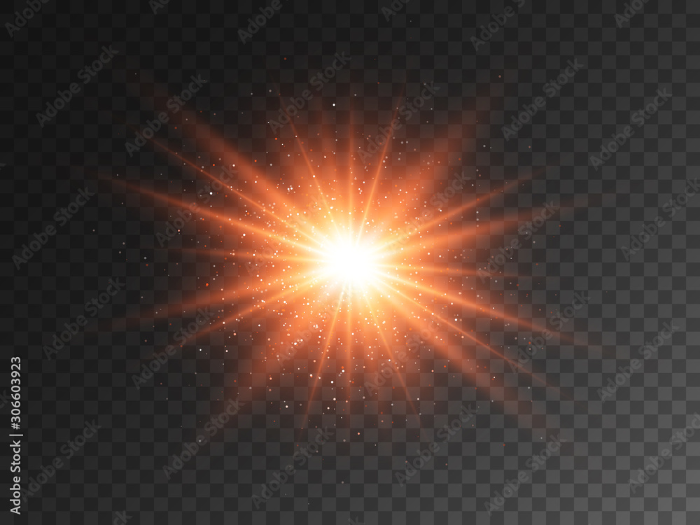 Glowing star on transparent backdrop. Orange burst with bright glitter and glare. Christmas light effect. Big energy flash with magic particles. Explosion and stardust. Vector illustration