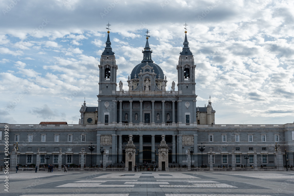 Beautiful facade of the Almudena Cathedral in Madrid, Spain