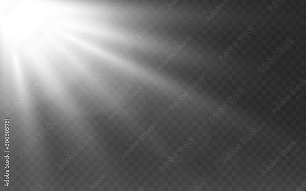 White lights on transparent backdrop. Sunlight effect with glowing rays