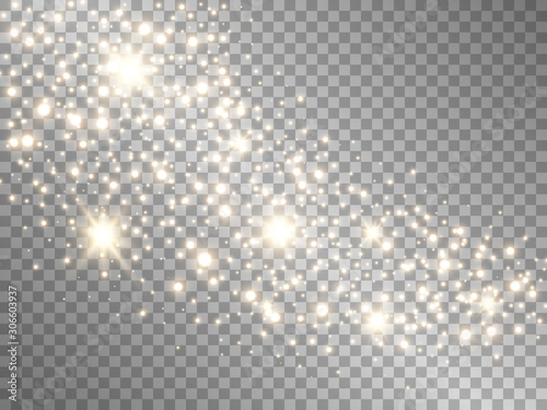 Glitter wave with light effect. Sparkling trail with shining stars and stardust. Glowing meteor with bright particles. Gold luxury element. Starry composition. Vector illustration