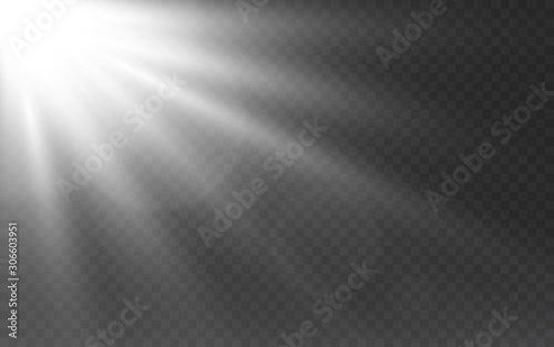 White lights on transparent backdrop. Sunlight effect with glowing rays. Sunshine template. Bright white beams and lens flare. Glow light effect. Vector illustration