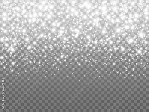 Silver glitter particles on transparent backdrop. Falling shining stars and stardust. White glowing confetti. Christmas light effect. Greeting card template. Vector illustration