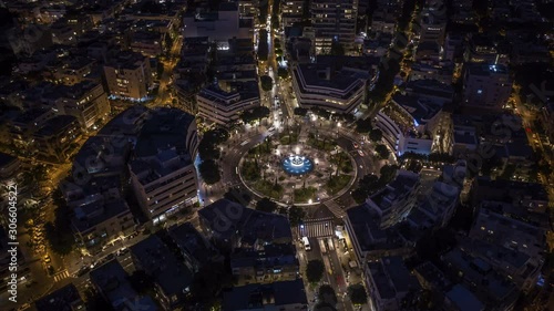 Big roundabout - Aerial hyperlapse - Dizengoff square in tel Aviv, Israel, at night, 4k drone view photo