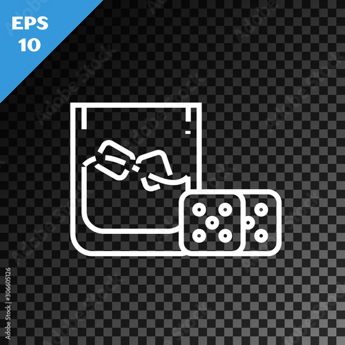 White line Game dice and glass of whiskey with ice cubes icon isolated on transparent dark background. Casino gambling. Vector Illustration