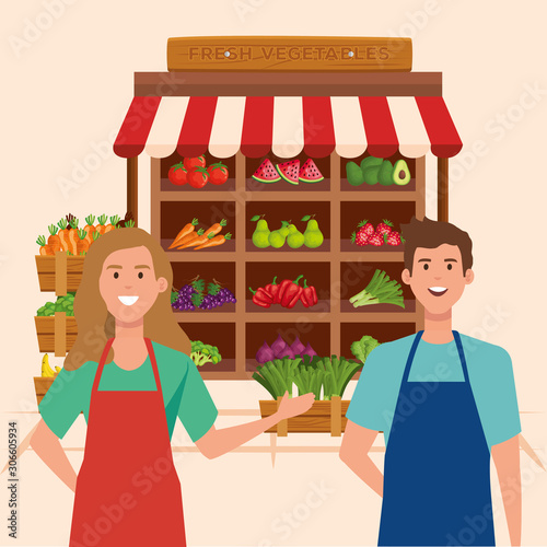 seller woman and man design, shop store market shopping commerce retail buy and paying theme Vector illustration