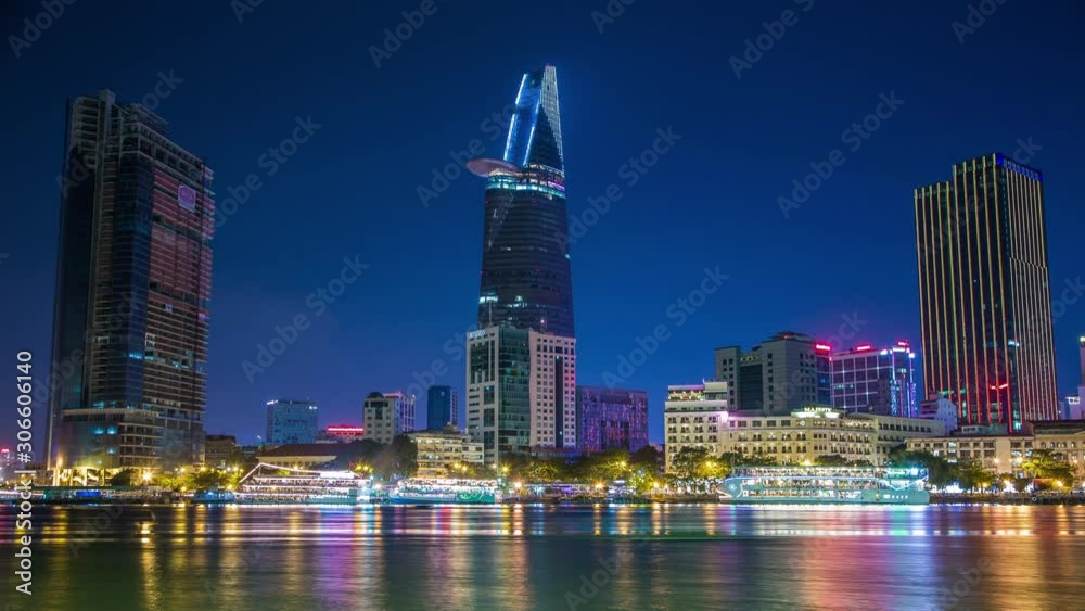 Ho Chi Minh City landmark skyscrapers along Saigon river, Vietnam time lapse Ho Chi Minh City landmark skyscrapers along Saigon river, Vietnam time lapse