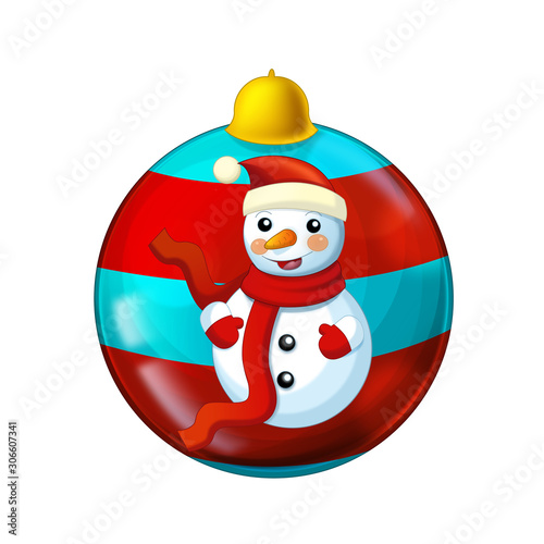 Cartoon scene with glossy shiny christmas baubles on white background with snowman - illustration for children