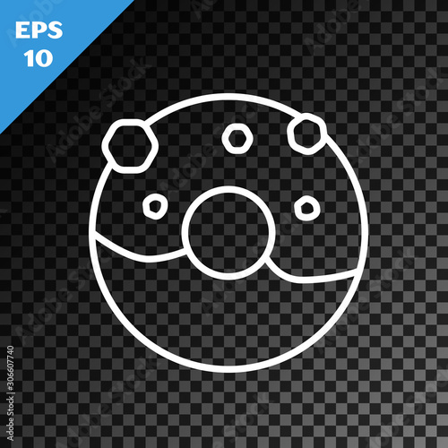 White line Donut with sweet glaze icon isolated on transparent dark background. Vector Illustration