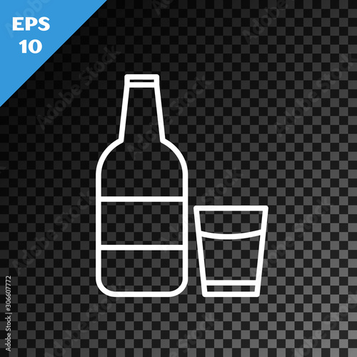 White line Closed glass bottle with milk and glass icon isolated on transparent dark background. Vector Illustration