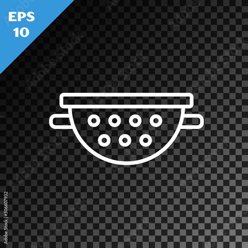 White line Kitchen colander icon isolated on transparent dark background. Cooking utensil. Cutlery sign. Vector Illustration