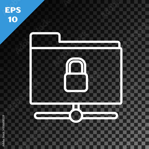 White line FTP folder and lock icon isolated on transparent dark background. Concept of software update. Security, safety, protection concept. Vector Illustration