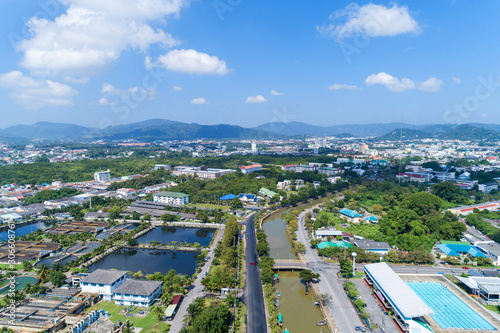 Aerial view drone shot High angle view of phuket city thailand in good weather day clear blue sky background
