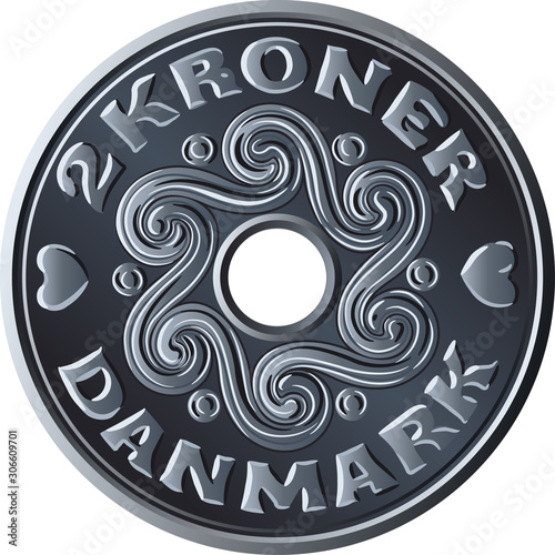 Danish money two krone coin with hole in the middle. Krone, official currency of Denmark, Greenland, and the Faroe Islands.
