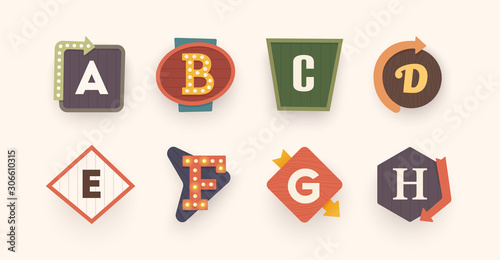 Retro font. Letters on vintage style. Retro signs. Alphabet. Vintage label, emblem and logo. Vector illustration 