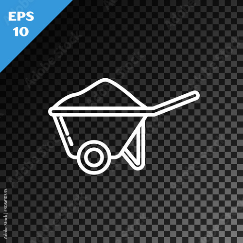 White line Wheelbarrow with dirt icon isolated on transparent dark background. Tool equipment. Agriculture cart wheel farm. Vector Illustration