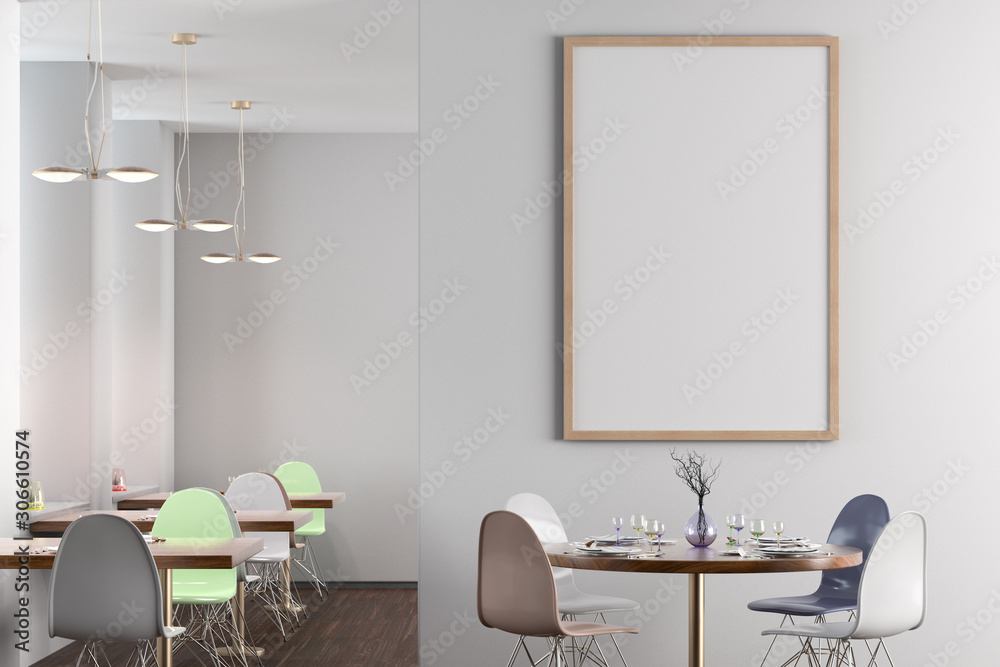 Cafe or restaurant intrerior with blank vertical poster on the white wall. Front view. Clipping path around poster mock up. 3d illustration. Cafe or restaurant intrerior with blank vertical poster on the white wall. Front view. Clipping path around poster mock up. 3d illustration.