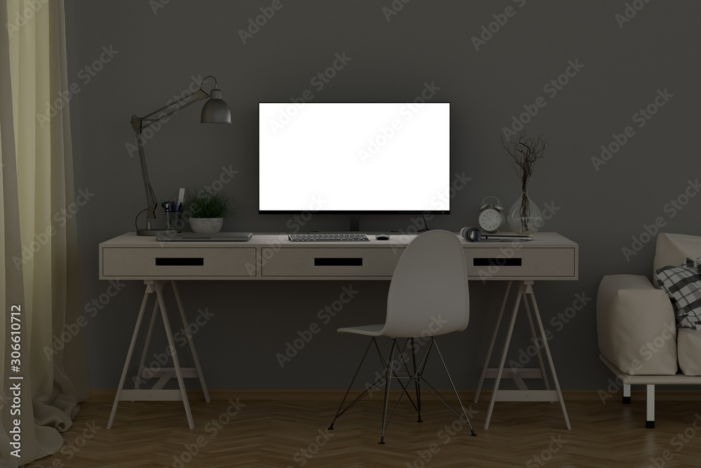 Bright computer monitor at night in the studio or at home workplace. Clipping path around display. 3d illustration Bright computer monitor at night in the studio or at home workplace. Clipping path around display. 3d illustration