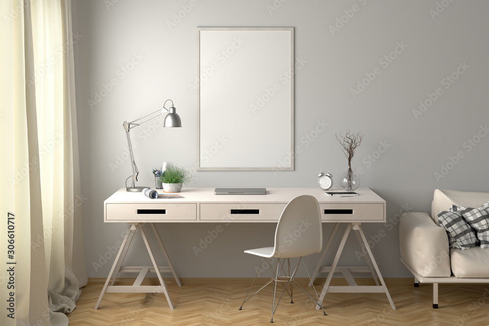 Workspace with vertical poster mock up on the white wall. Desk with drawers in interior of the studio or at home. Clipping path around poster. 3d illustration.