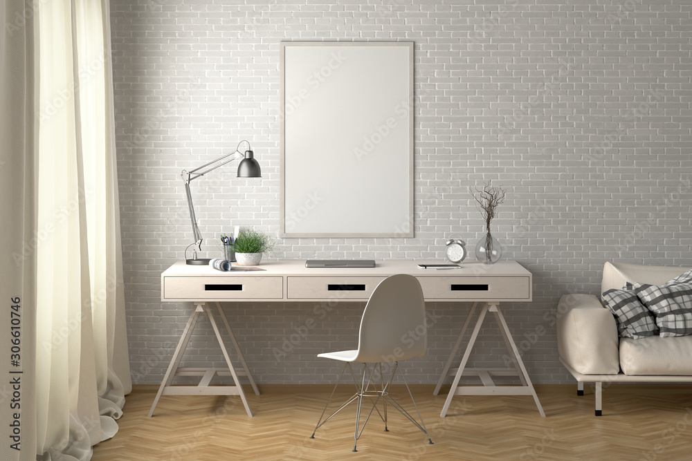 Workspace with vertical poster mock up on the white brick wall. Desk with drawers in interior of the studio or at home. Clipping path around poster. 3d illustration. Workspace with vertical poster mock up on the white brick wall. Desk with drawers in interior of the studio or at home. Clipping path around poster. 3d illustration.
