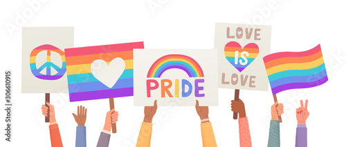 LGBT and gay parade, protest. Hands holding posters. Collection of hands holding flags and signs LGBT. Vector illustration