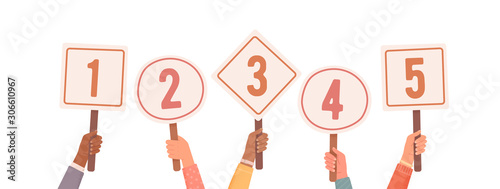 Hands holding signs with amount of scores got. Votes of judges. Tournament or contest. Hands Holding Scorecards. Vector illustration