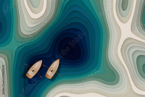 paper cut and art style of one boat on the sea as challenge, leadership and business concept. vector illustration.