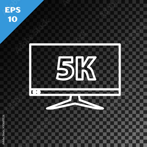 White line Computer PC monitor display with 5k video technology icon isolated on transparent dark background. Vector Illustration