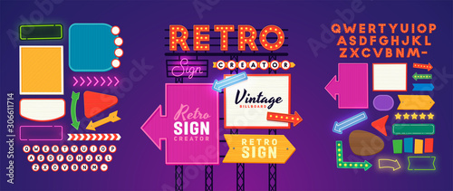 Retro signboard creator. Set elements for street sign. Scene creator, neon sign. Retro font. Advertising space. 
