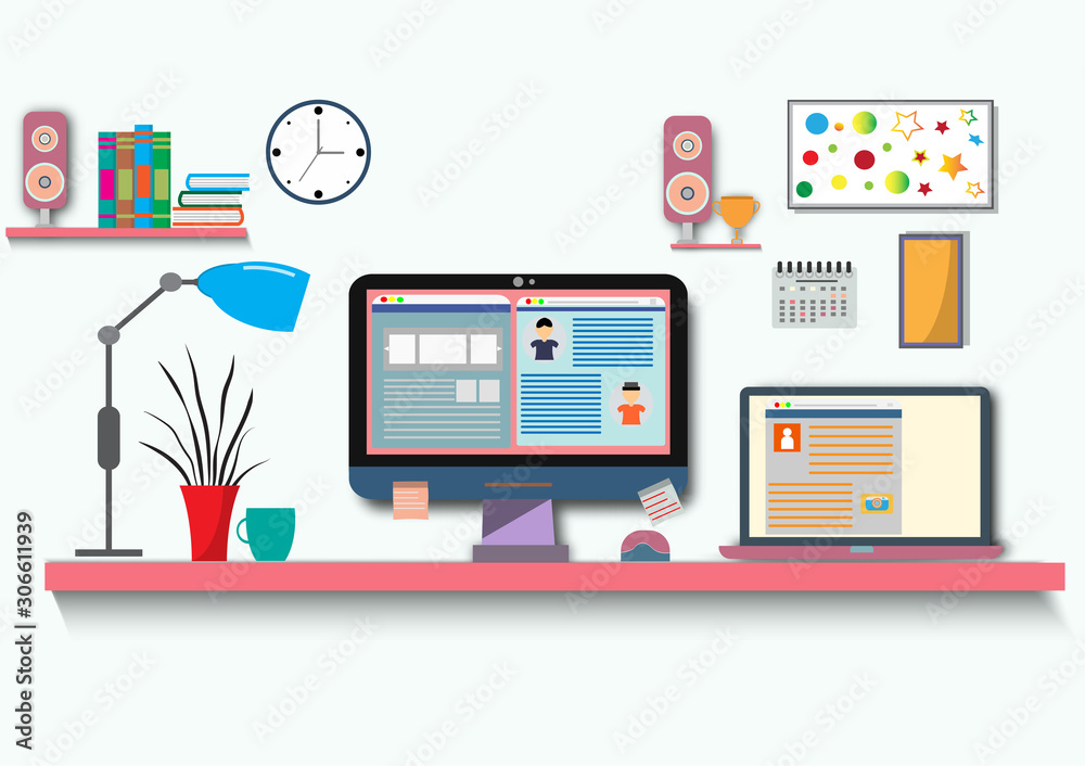 Flat design vector of workplace modern desk with computer and laptop.Office work space with table,desktop computer use for web,picture,clock,Vector interior and workplace concept. Flat design vector of workplace modern desk with computer and laptop.Office work space with table,desktop computer use for web,picture,clock,Vector interior and workplace concept.