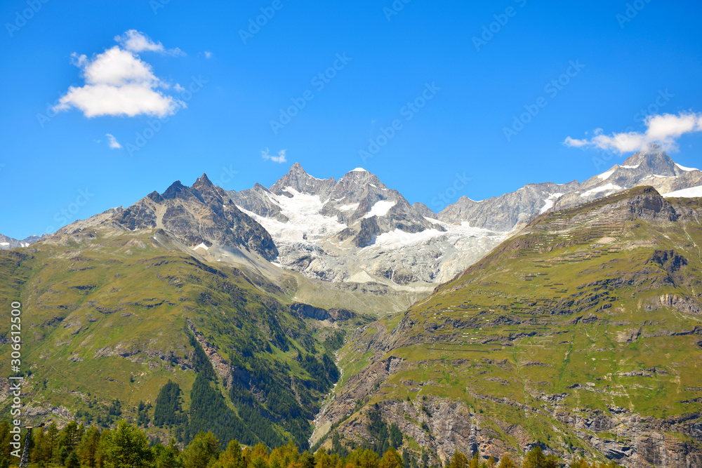 Wide view of the Swiss Alps near the Matterhorn, seen along the 5-Seenweg Trail, Zermatt, Switzerland
