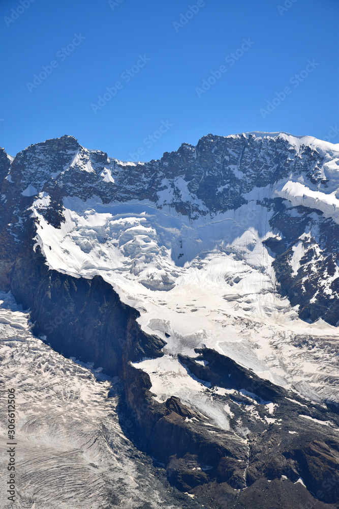 Cirque (glacier erosion) with avalanche formation above the Gorner Glacier (Gornergrat) in the Swiss Alps (with clear blue skies), Zermatt, Switzerland
