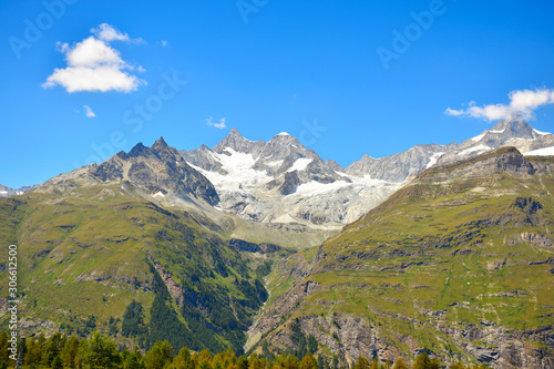 Wide view of the Swiss Alps near the Matterhorn, seen along the 5-Seenweg Trail, Zermatt, Switzerland