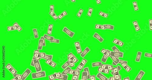 3d dollar bills flying up on green screen background. Money going up on chroma key. Concept of cash, crisis, banking, business, success, recession, economy, bank, debt, abundance and finance.Animation
