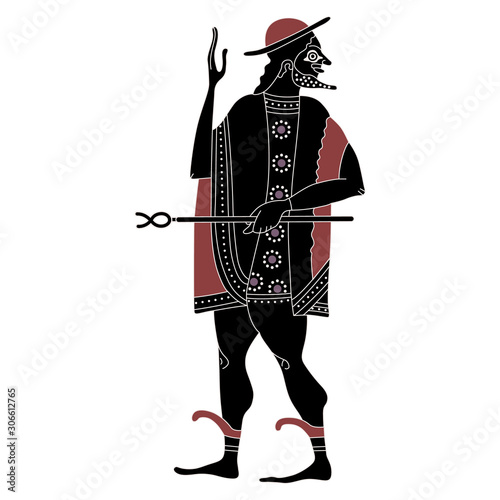 Standing ancient Greek god Hermes with caduceus. Vase painting style.	
