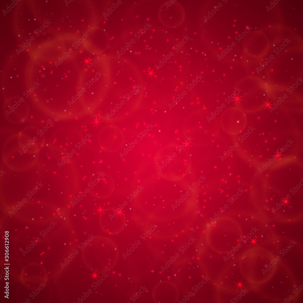 Christmas red bokeh effect abstract background. Blurred backdrop with glowing defocused lights. Easy to edit template for your holidays designs.