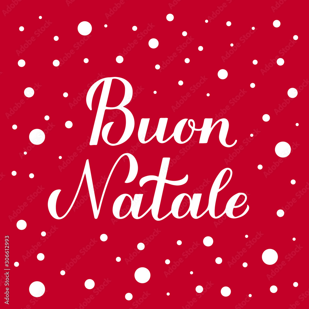 Feliz Natal calligraphy hand lettering on red background with snow confetti. Merry Christmas typography poster in Italian. Easy to edit vector template for greeting card, banner, flyer, invitation.