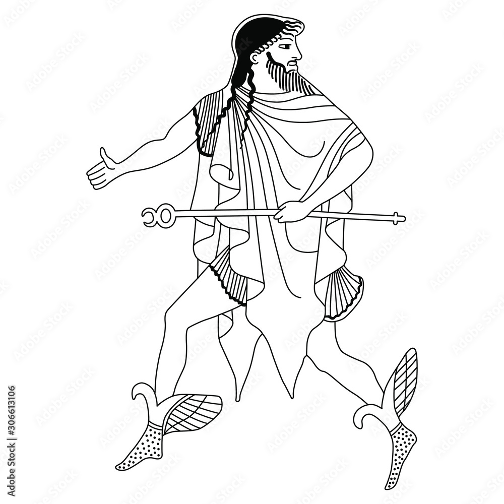 Running ancient Greek god Hermes in winged sandals with caduceus. Black ...