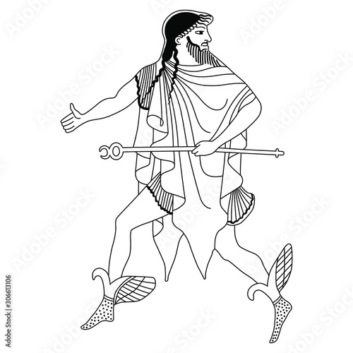 Running ancient Greek god Hermes in winged sandals with caduceus. Black and white linear silhouette.