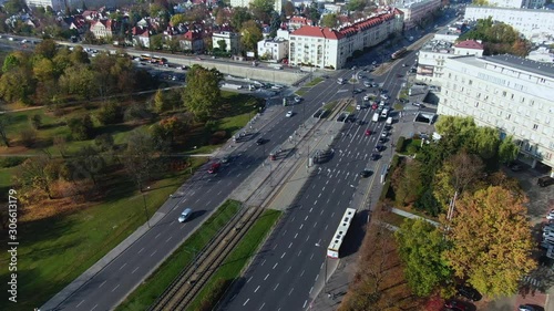 Aerial of the traffic in the 
Warsaw city centre, Aleja Armii Ludowej Highway crossing, eco-friendly public transportation photo