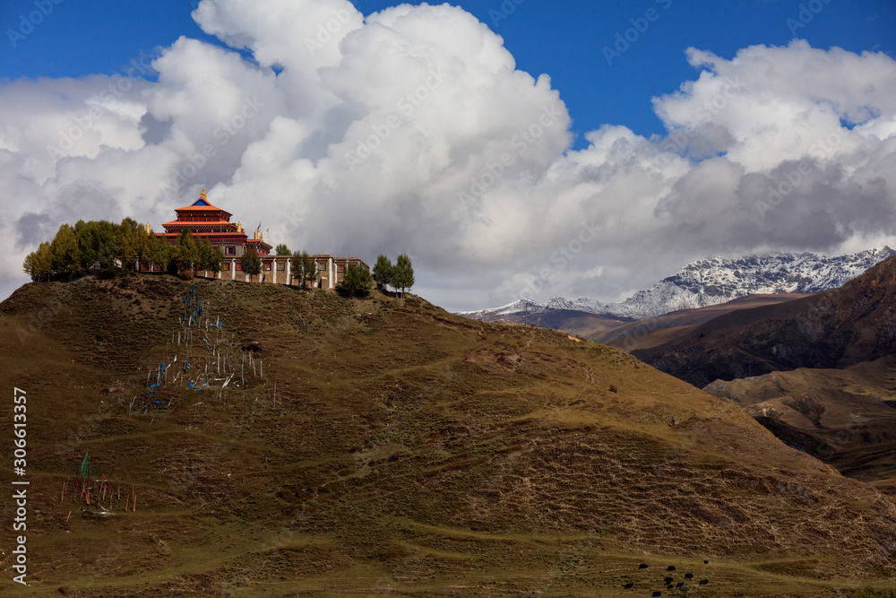 Buddhist Temple On The Top Of A Hill Tibetan Village Of Bamei Situated 