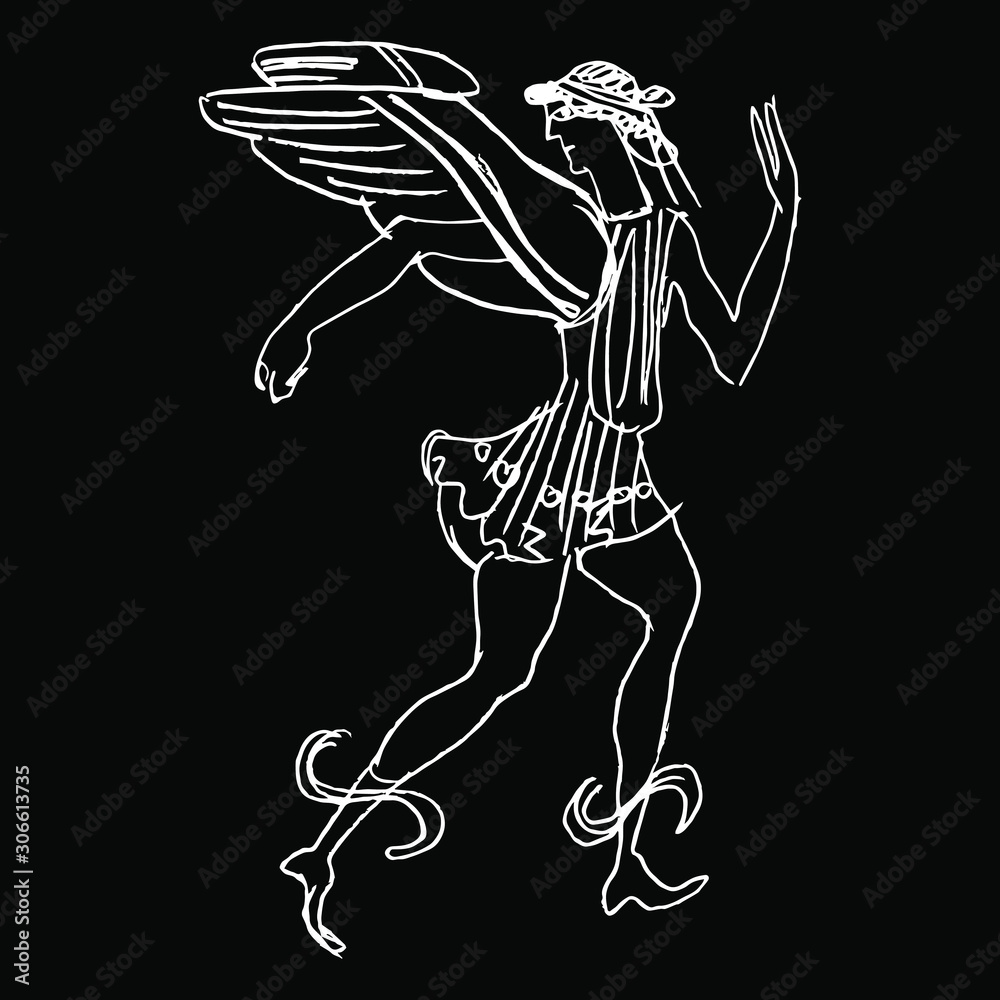 Running ancient Greek god Hermes in winged sandals. Hand drawn linear  doodle sketch. White silhouette on black background. Stock Vector | Adobe  Stock