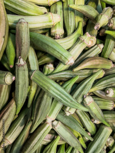  Harvest of fresh okra, tropical vegetable