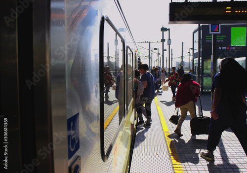 os Angeles, California, USA. November 14, 2019.Underground. People go into the train car in the subway. Open doors to the Los Angeles subway.the subway. Metro Los Angeles.