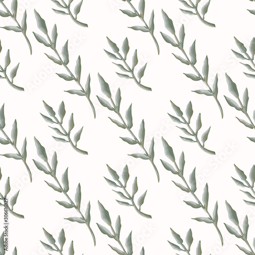 Watercolor Stem Leaf Motif Background. Seamless Pattern Sage Green on White. ...