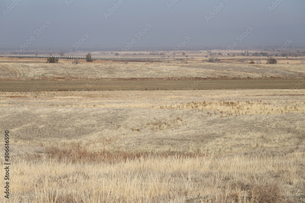 Autumn steppe in Kazakhstan. Yellow grass. Landscape. In the distance you can see the village