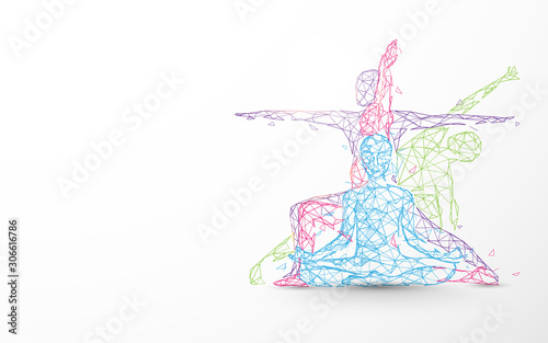 Person yoga exercise poses form lines, triangles and particle design